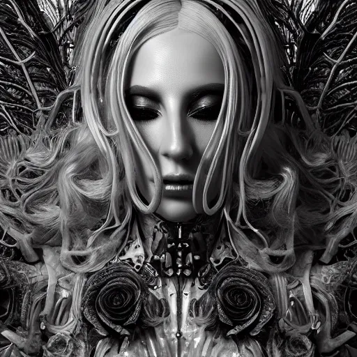 Image similar to mythical dreamy black and white organic bio - mechanical spinal ribbed profile face portrait detail of translucent steampunk beautiful lady gaga seraphim angelic - human - queen - vegetal - cyborg - red - haired, highly detailed, intricate crystal ivy jelly ornate, poetic, translucent roses ornate, 3 d render, digital art, octane render, 8 k artistic photography, photo - realistic, by dora maar