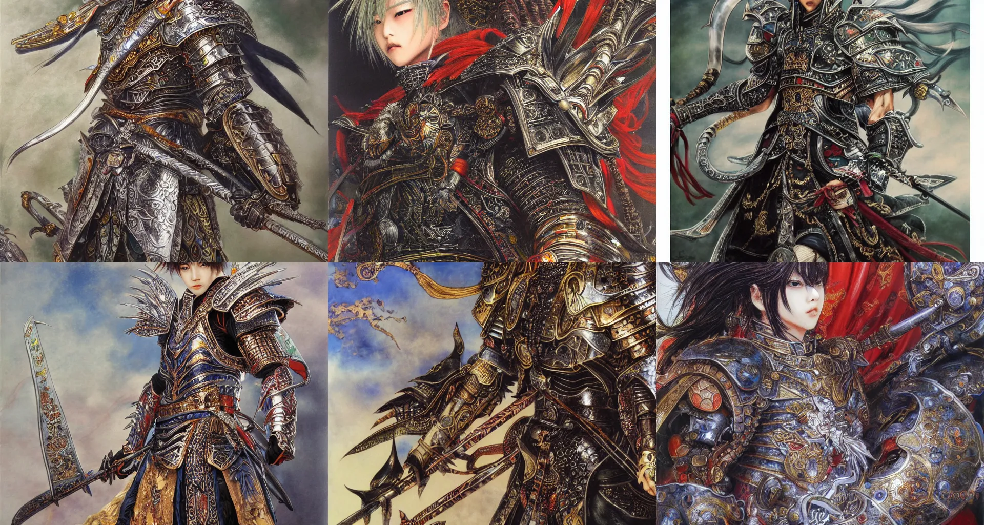Prompt: 4k 8k extremely detailed Yoshitaka Amano painting of Jimin royal warrior. Complex fantasy armor Renaissance style.