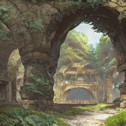 Image similar to concept art painting of an ornate ancient stone archway, in the woods, realistic, detailed, cel shaded, in the style of makoto shinkai and greg rutkowski and james gurney