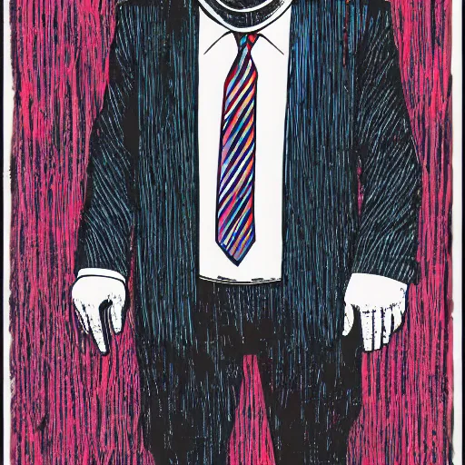 Image similar to newt gingrich in a suit and tie with a creepy face, a screenprint by warhol, reddit contest winner, antipodeans, hellish, anaglyph filter, hellish background