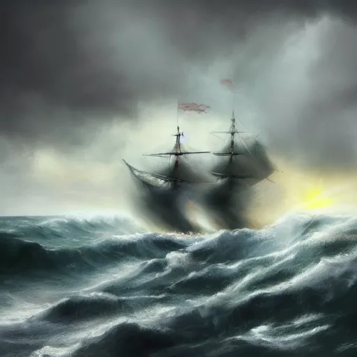 Prompt: a ship sailing through a storm, artstation hall of fame gallery, editors choice, #1 digital painting of all time, most beautiful image ever created, emotionally evocative, greatest art ever made, lifetime achievement magnum opus masterpiece, the most amazing breathtaking image with the deepest message ever painted, a thing of beauty beyond imagination or words