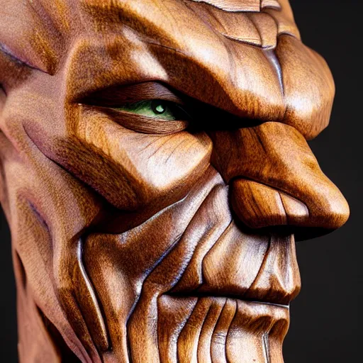 Prompt: a completely made of wood, real - world sculpture bust of the thanos marvel character, made of highly polished walnut wood, polished, cedar, polished tiger - wood. photograph, photographic, 3 5 mm