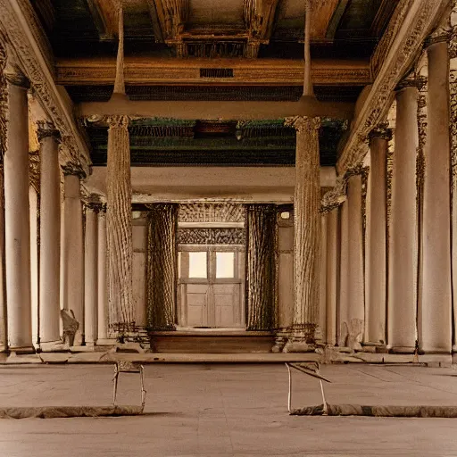 Image similar to an award winning photo by william christenberry of an inside of a majestic, highly detailed beautiful very tall temple, light rays, rayleigh scattering