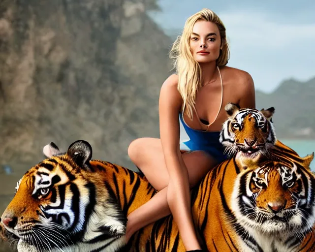 Image similar to A photo of margot robbie sitting on a tiger, highly detailed, detailed face, beautiful face, blue eyes, 4k, hd, sharp, cinematic