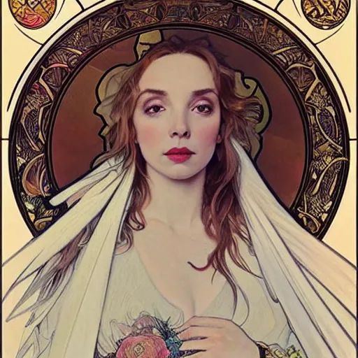 Prompt: jodie comer portrait by louis - theophile hingre and alphonse mucha, realistic, sharp focus, zodiac signs, tarot cards, planets, ethereal, art nouveau, magic, moon, sun, crown, dreamy, royal, jewellery