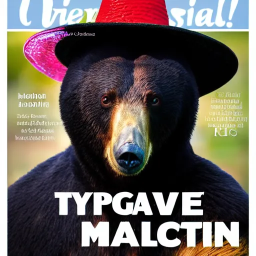 Image similar to magazine cover with bear in a hat. 8k resolution. hyperrealistic