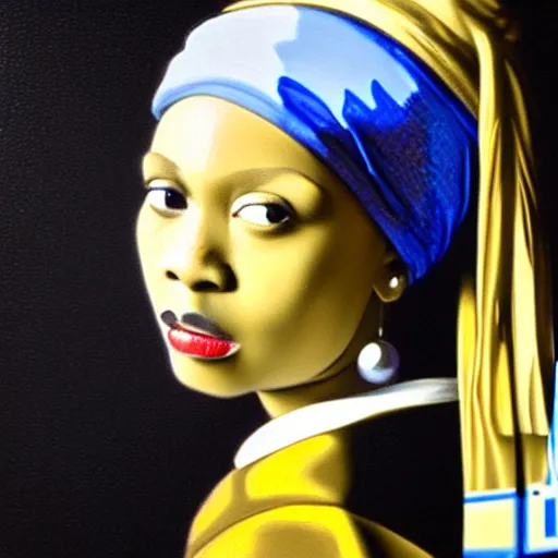 Prompt: portrait of an african woman, girl with the pearl earring, hyper realistic, black background, yellow and blue,