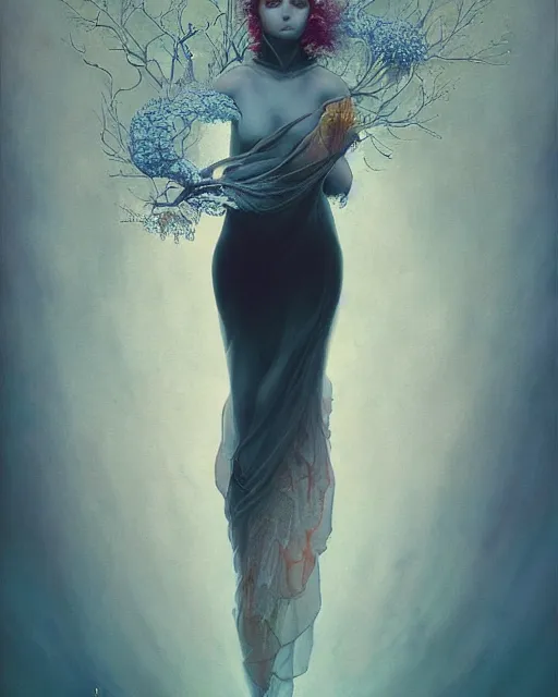 Prompt: tragedy of the mind - driven, silk, fractal crystal, serenity, scarf by ilya kuvshinov, greg rutkowski, tom bagshaw, james jean, victo ngai, ryohei hase, thomas kinkade, elegant, masterpiece, award winning