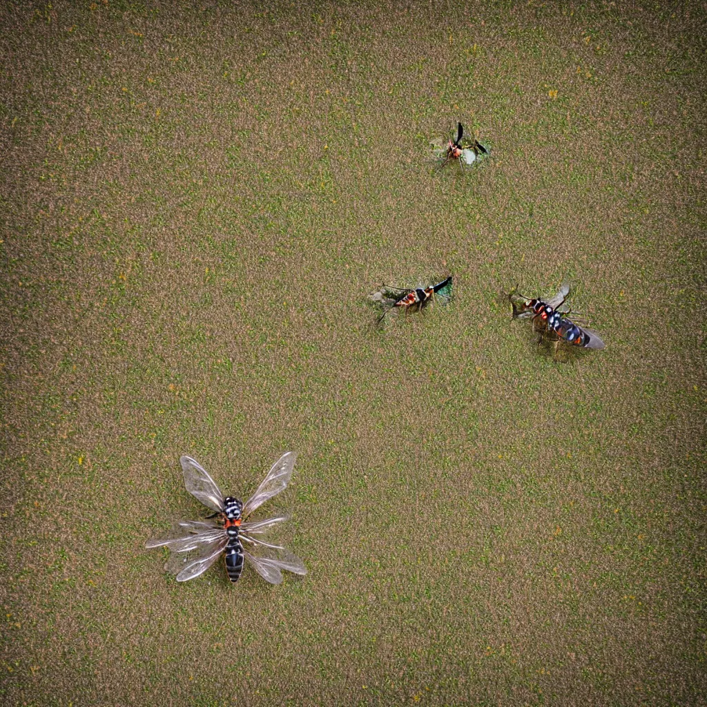 Prompt: biomimetic dronecraft flying over a food forest, killing wasps with a laser in the australian desert, XF IQ4, 150MP, 50mm, F1.4, ISO 200, 1/160s, natural light