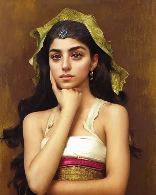 Image similar to a highly realistic, true to life portrait of a beautiful young middle eastern girl, sharp focus, from the waist up, with sharp features, a beautiful face, soft smile, under studio lighting, taken with a canon eos camera with 1 3 5 mm focal length, art by artgerm and greg rutkowski and alphonse mucha