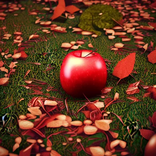 Image similar to An apple laying in the leaves in a forest, octane render, volumetric lighting, depth of field, ambient occlusion, 4K