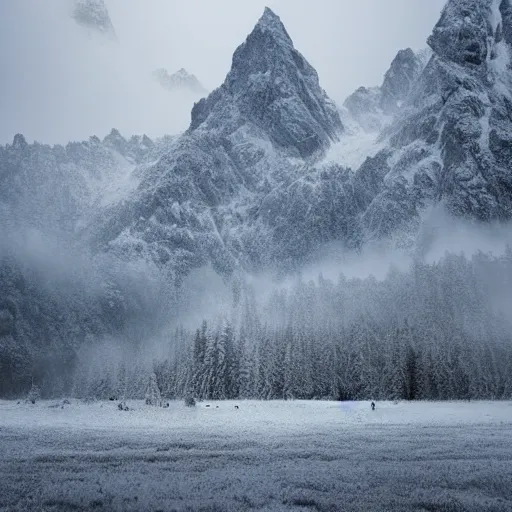 Image similar to a giant monster taller than the surrounding snow capped mountains emerging from the mist, award winning photography