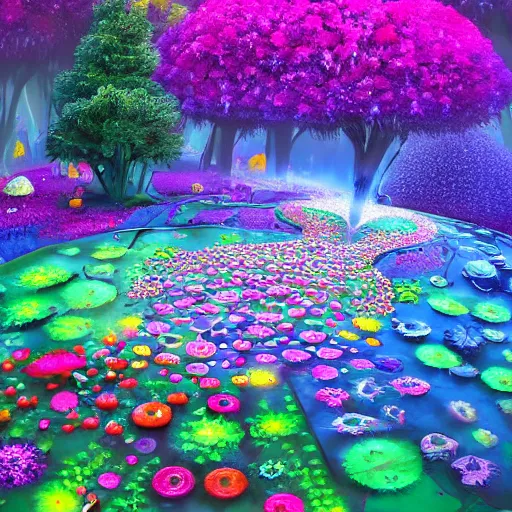 Image similar to colorful, flowery enchanted forest being torn apart by nanobots, by justin totemical, fantasy