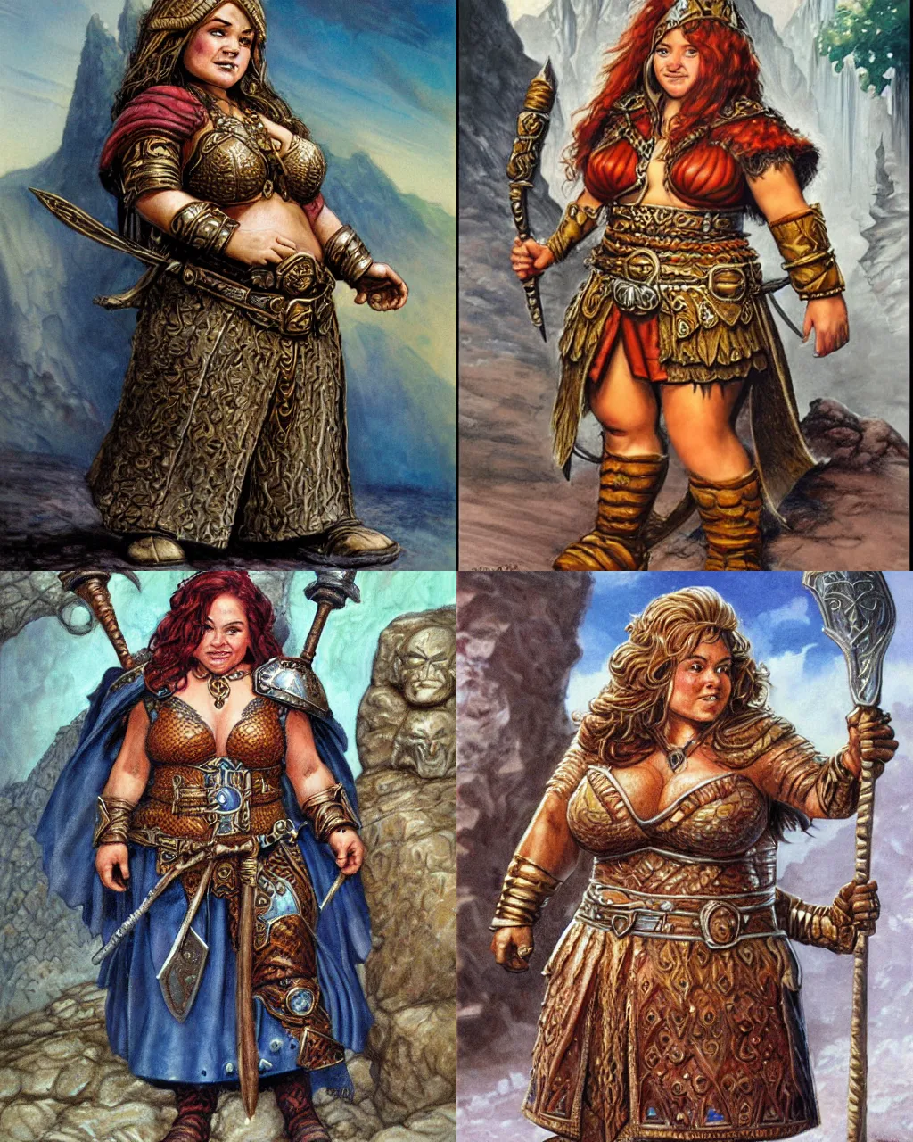 Prompt: female dwarven noblewoman, chubby short stature, elaborate hair, by jeff easley