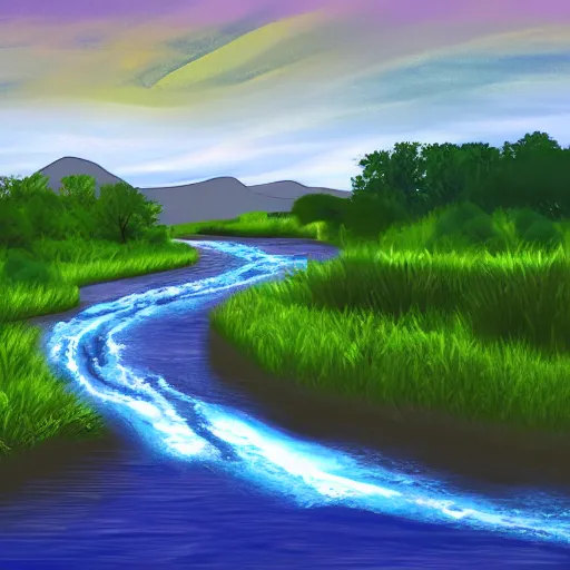 Image similar to digital art painting of a river running through the plains, very mediocre, not detailed at all.