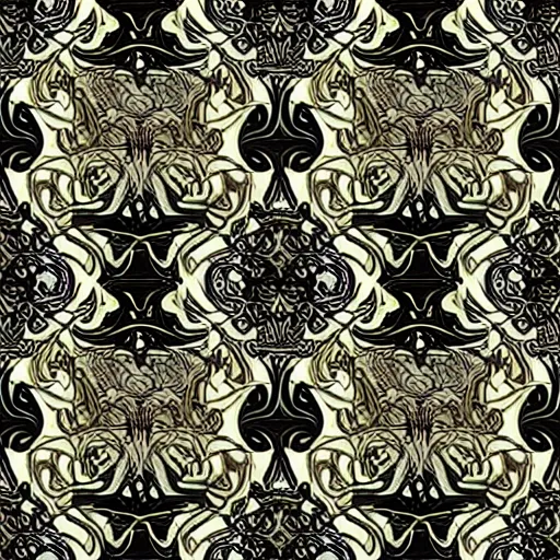 Image similar to Seamless Art Nouveau pattern, hyper-realistic Art nouveau pattern in style of Alphonse Mucha, Antoni Gaudi and Rene Lalique, seamless damask pattern, hyperdetailed curvy and swirly motifs, supersharp, hypermaximalist, smooth gradients