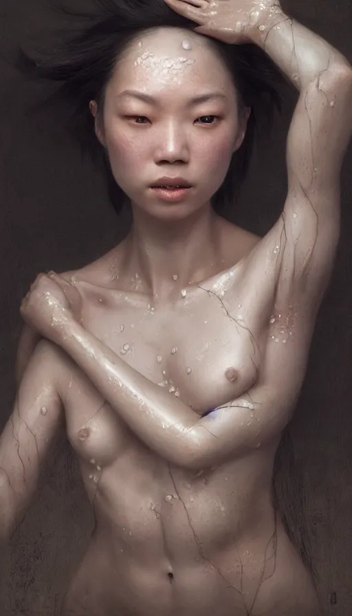 Image similar to epic masterpiece michelle ang, sweaty skin, hyperrealistic, octane render, cinematic, beautiful face and flawless skin, perfect hands, 5 fingers, by edgar maxence and ross tran and michael whelan, legends of runeterra