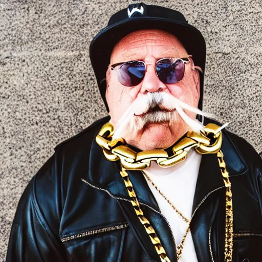 Image similar to dslr portrait photo still of!!! wilfred brimley!!! white mustache as a gangsta rapper with gold chains and gold teeth grills growling at camera, 8 k, 8 5 mm f 1. 8