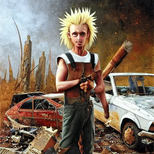 Prompt: a skinny elf with spiky blonde hair wearing dark brown overalls and holding dynamite standing next to a destroyed car, painting by Mark Arian