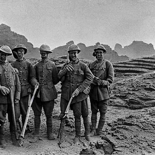 Image similar to ultra detailed photorealistic sepia - toned photo from 1 9 1 7, a small group of british soldiers standing at an archaeological dig site in wadi rum, ultra realistic, painted, intricate details, lovecraft, atmospheric, dark, horror, brooding, highly detailed, by clyde caldwell