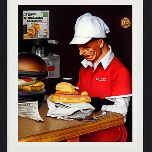 Image similar to pepe working at mcdonalds by norman rockwell