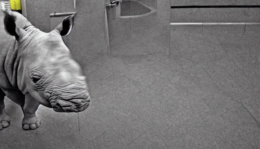 Image similar to a rhinoceros in a public bathroom with yellow tiles floor, mini dv camera style, very very low quality, heavy grain, heavy jpeg artifact blurry, caught on trail cam