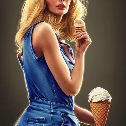 Prompt: a blonde fuller figured middle aged barbara bach from the bond film wearing blue dungarees and eating ice creams in porto, real life skin, intricate, elegant, highly detailed, artstation, concept art, smooth, sharp focus, art by artgerm and greg rutkowski and alphonse mucha