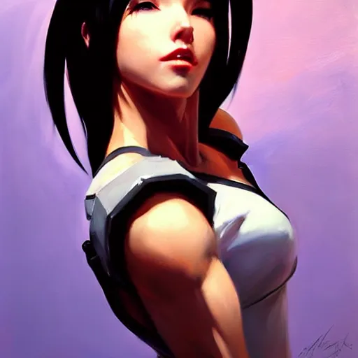 Prompt: Greg Manchess portrait painting of Tifa Lockheart as Overwatch character, medium shot, asymmetrical, profile picture, Organic Painting, sunny day, Matte Painting, bold shapes, hard edges, street art, trending on artstation, by Huang Guangjian and Gil Elvgren and Sachin Teng