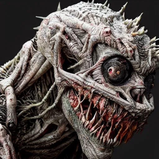 Image similar to photo taken of an epic intricate, ultra detailed, super realistic gritty, terrifying, lifelike sculpture of a nightmarish hellish ghoulish creature design created by weta workshop, zoomed in shots, photorealistic, sharp focus, white wall coloured workshop, cold colour temperture, f 0. 4, face centred