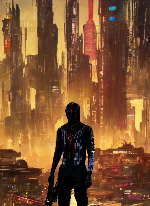 Prompt: miles morales as a cyberpunk assassin in a cyberpunk stealth suit ( blade runner 2 0 4 9, cyberpunk 2 0 7 7 ). orientalist portrait by john william waterhouse and james gurney and theodore ralli and nasreddine dinet, oil on canvas. cinematic, hyper realism, realistic proportions, dramatic lighting, high detail 4 k
