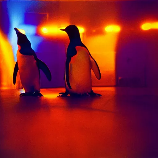 Prompt: two penguins in disco nightclub, colorful lighted disco dance floor, ektachrome,