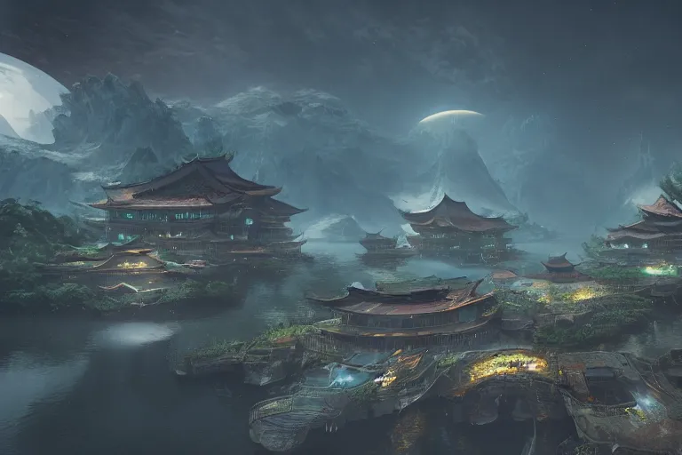 Image similar to floating chinese houses in alien planet, high - tech space cult, dramatic lighting, epic, octane render, volumetric light, unreal engine, artbreeder, 8 k, background, scene, digital, artwork, high quality, 8 k