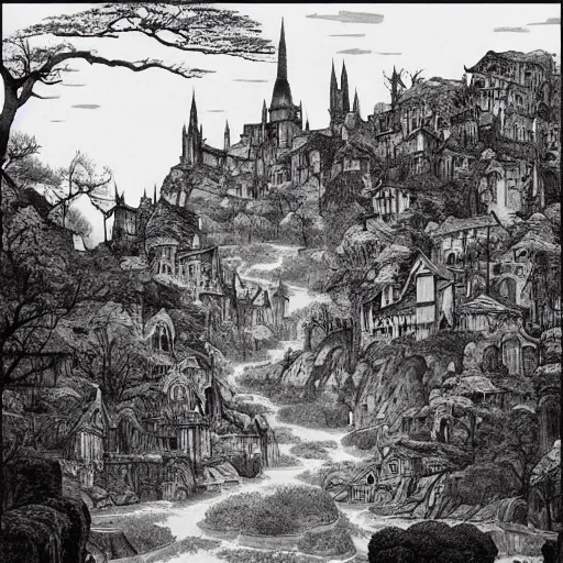 Prompt: looming towering crooked ancient town, artstation, by frank frazetta, by peter bruegel the elder, by takato yamamoto, rolling hills, river, townscape, black and white