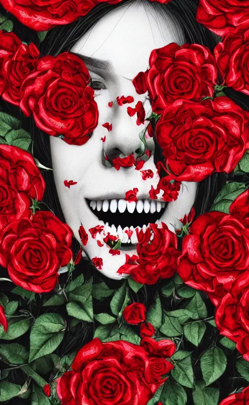Prompt: very detailed digital drawing of a face covered with teeth lying in red roses.