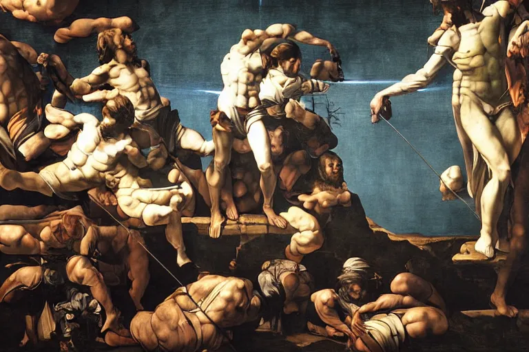 Image similar to Very Highly Detailed Elimination of humanity. Digital concept art by Caravaggio, very detailed face's, cyan dimensional light, Many Details by Michelangelo, Futuristic city as Background