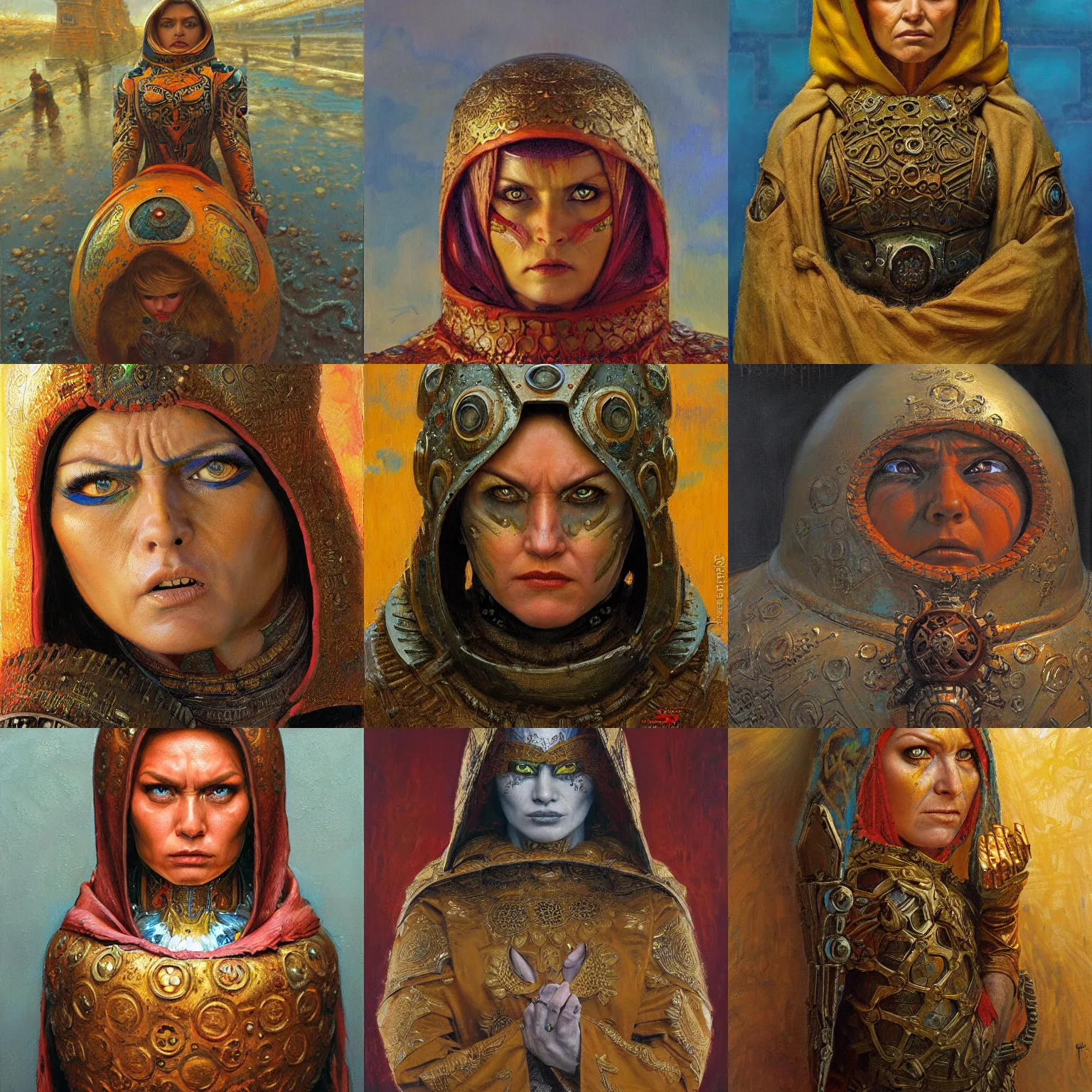 Prompt: the Russian godess matryoshka looking angry, rusty armor, portrait, by Donato Giancola