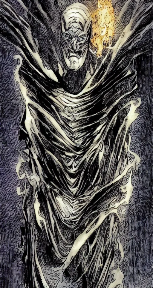 Image similar to dc comics the sandman character morpheus designed by hr giger moebius