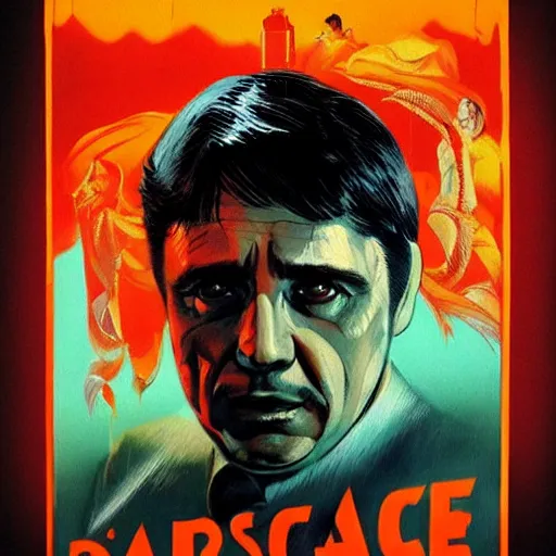 Image similar to scenes from the movie scarface as vintage retro poster art, fierce, intricate, elegant, volumetric lighting, sharp focus on scenery, digital painting, highly detailed, artstation, sharp focus, illustration by, ruan jia, steve mccurry