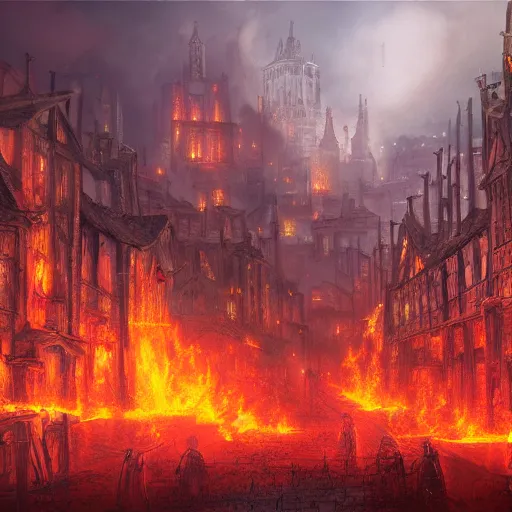 Prompt: burning town, medieval, hellish, fantasy, digital art