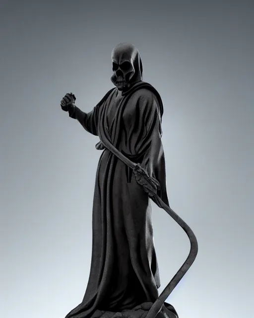 Image similar to a hyper realistic marble statue of the grim reaper, 4 k, cinematic lighting