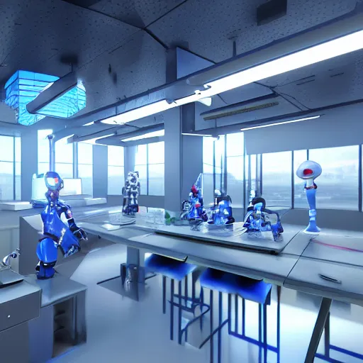 Image similar to futuristic science laboratory filled with robots, photorealistic, ultra - detailed, 4 k high resolution, hdr shot, unreal engine rendering