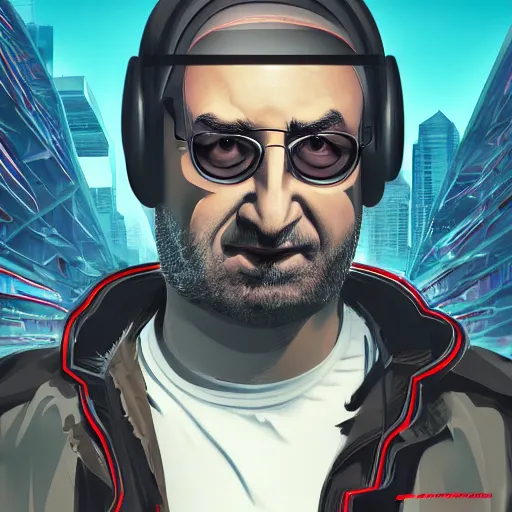 Image similar to cyberpunk salman rushdie as the leader of a futuristic communist nation, cybernetics, sharp lines, digital, artstation, colored in