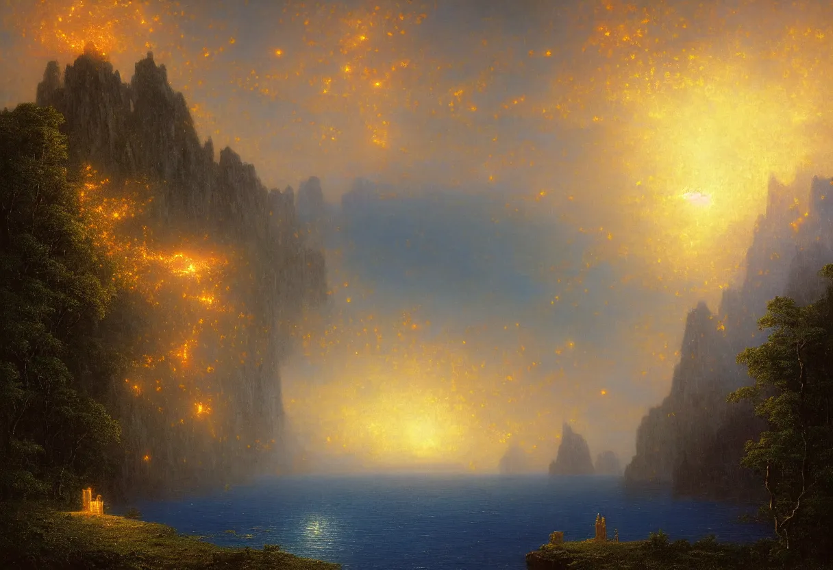 Image similar to a beautiful ultradetailed painting of a single gilded cathedral at the edge of a cliff next to a deep blue sea illuminated by orange fireflies, albert bierstadt, makoto shinkai, 8 k, light effects, trending on artstation