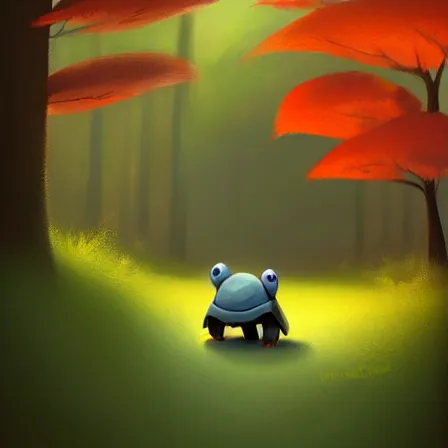 Image similar to Goro Fujita ilustration a cute turtle happily walking through the forest, painting by Goro Fujita, sharp focus, highly detailed, ArtStation