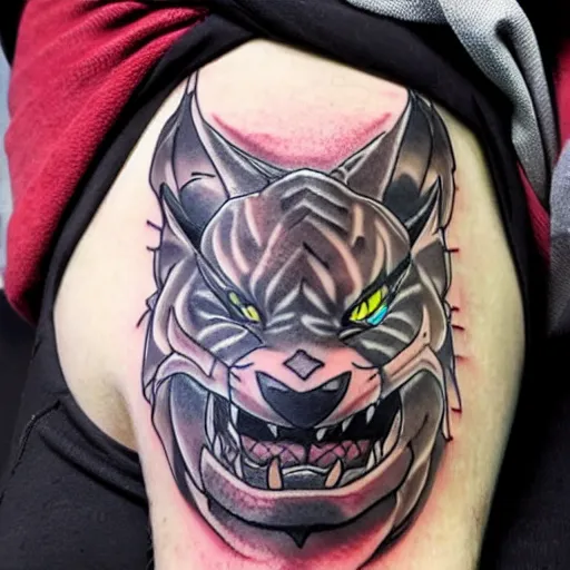 Image similar to a tatoo of rengar from league of legends,