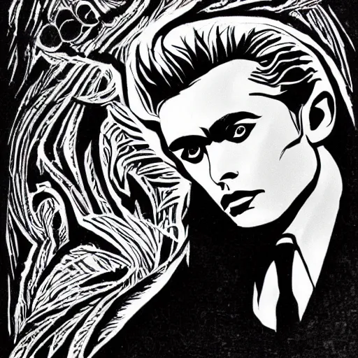 Image similar to black and white pen and ink!!!! Twin Peaks Black Lodge goetic vampire James Dean x David Bowie handsome beard golden!!!! Vagabond!!!! floating magic swordsman!!!! glides through a beautiful!!!!!!! floral!! battlefield dramatic esoteric!!!!!! pen and ink!!!!! illustrated in high detail!!!!!!!! by Moebius and Hiroya Oku!!!!!!!!! graphic novel published on 2049 award winning!!!! full body portrait!!!!! action exposition manga panel black and white Shonen Jump issue by David Lynch eraserhead and beautiful line art Hirohiko Araki!!