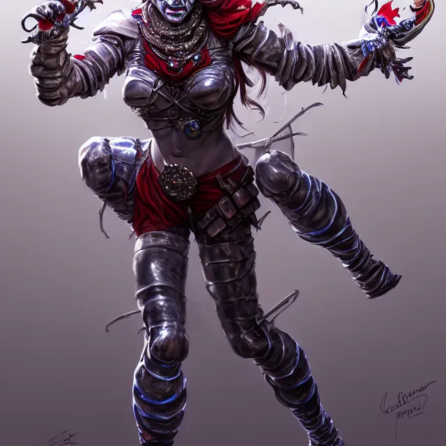 Image similar to beautiful jester warrior, highly detailed, 8 k, hdr, award - winning, trending on artstation, clayton crain