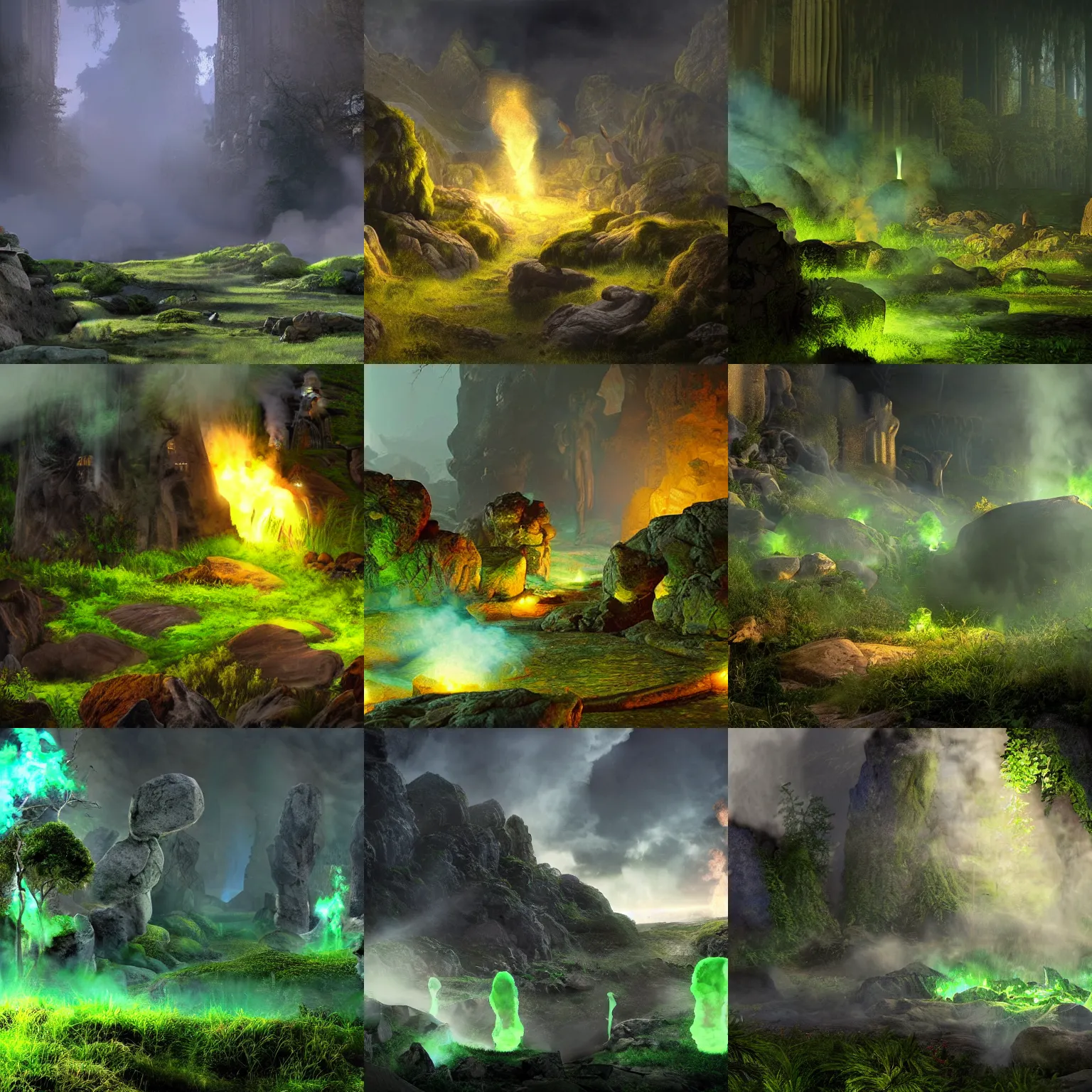 Image similar to a scene from hades, highly detailed, radiant lighting, green ambience, steam rising from rocky ground