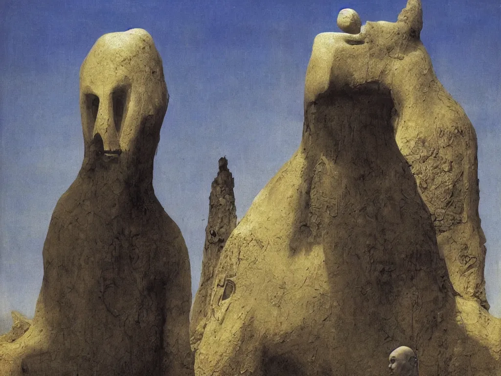 Prompt: Albino mystic with his back turned, looking in the distance at giant totemic archaic sculpture mask Tibetan temple made from Lapis Lazuli. Painting by Jan van Eyck, Beksinski, Caspar David Friedrich, Rene Magritte, Agnes Pelton, Max Ernst, Walton Ford