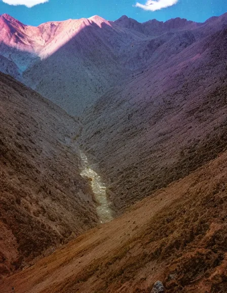 Image similar to vintage color photo of Cordillera De Los Andes covered in liquid gold reflecting light, 8k definition